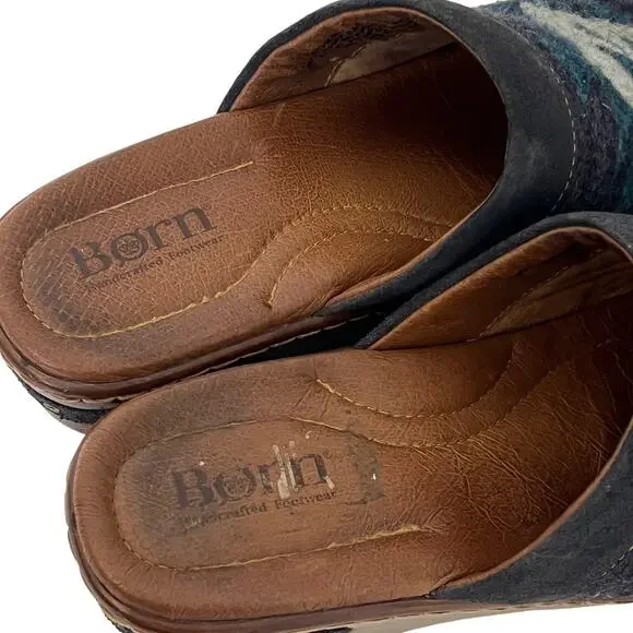 Born Bandy Blanket Aztec Clogs Womens 7 Blue Wool Leather Slip On Comfort - Picture 6 of 12
